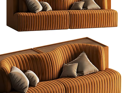 Orange Velvet Two Seater Sofa With Vertical Tufted Design And Accent Pillows 3d model