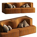 Orange Velvet Two Seater Sofa With Vertical Tufted Design And Accent Pillows