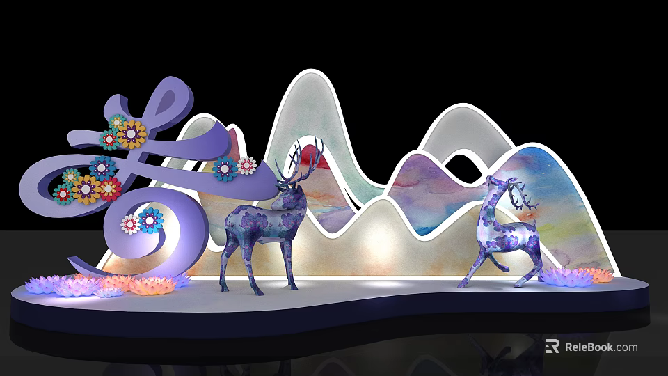 Decorative Scene With Chinese Character Fang Two Deer And Wavy Mountains With Floral Accents 3d model 