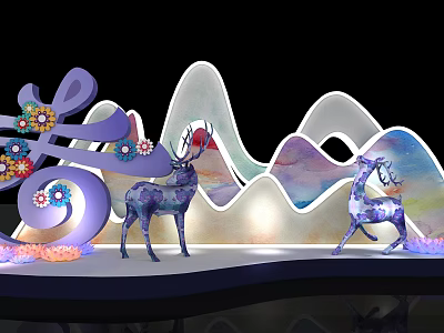 Decorative Scene With Chinese Character Fang Two Deer And Wavy Mountains With Floral Accents 3d model