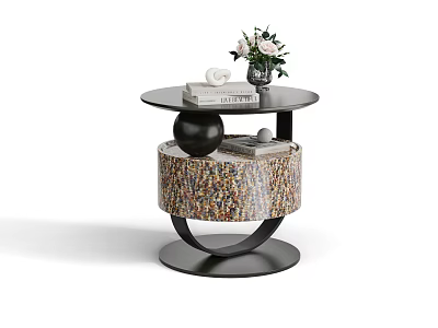 Modern Stylish Bedside Table With Round Top Books Vase And Colorful Design 3d model