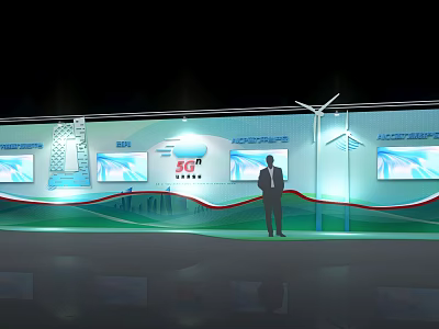 Interactive Zone Exhibition Booth With Digital Screens Company Branding And Standing Person 3d model