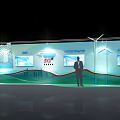 Interactive Zone Exhibition Booth With Digital Screens Company Branding And Standing Person