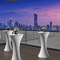 Glowing White High Dining Tables On Rooftop Terrace Overlooking Stunning Modern City Night View