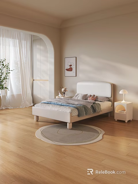 Double Bed with White Headboard Nightstand Table Lamp Decorative Painting Curtains and Wooden Floor Rug 3d model 