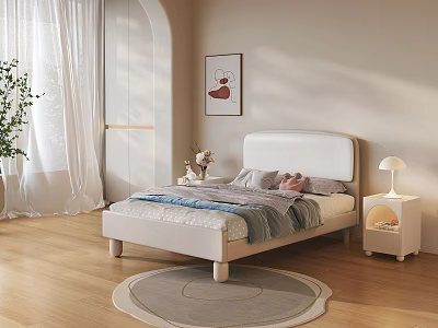 Double Bed with White Headboard Nightstand Table Lamp Decorative Painting Curtains and Wooden Floor Rug 3d model