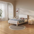 Double Bed with White Headboard Nightstand Table Lamp Decorative Painting Curtains and Wooden Floor Rug