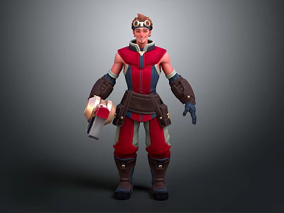 Game Movie Character Wearing Red Black Outfit With Goggles Arm Guards And Holding Device 3d model