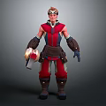 Game Movie Character Wearing Red Black Outfit With Goggles Arm Guards And Holding Device