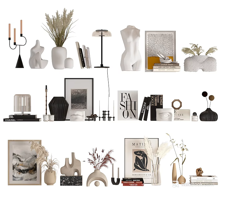 Modern Decorative Ornament Sets With Vases Sculptures Photo Frames Books Dried Plants For Home Decor 3d model 