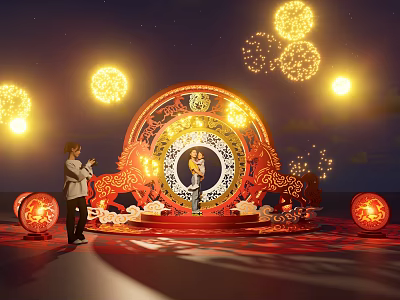 Red Circular Art Installation With Dragon Pattern In Night Sky Fireworks And Lighting 3d model