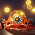Red Circular Art Installation With Dragon Pattern In Night Sky Fireworks And Lighting 3d model