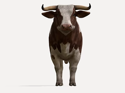 Brown And White Cow With Horns Standing Isolated On White Background 3d model