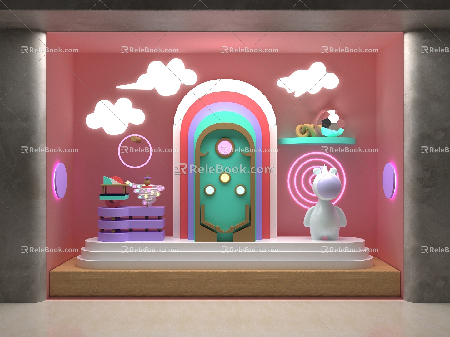 Macaron Color Window Neon Donkey Cartoon Window Cloud Marbles Game 3d model