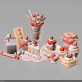 Assorted Pink Sweet Desserts With Strawberry Cake Ice Cream And Candy Decorations