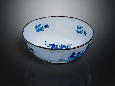 Elegant White Ceramic Bowl With Blue Floral Patterns And Gold Rim 3d model