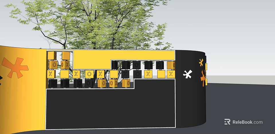 Outdoor Feature Wall With Yellow And Black Geometric Pattern And Trees Background 3d model