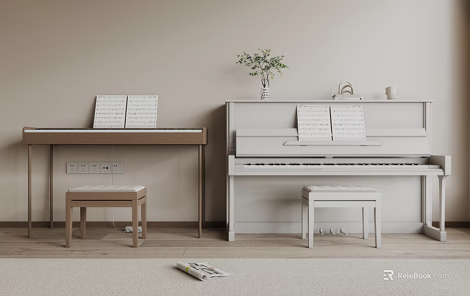 Pianos With Music Sheets And Stools In Cozy Room 3d model 