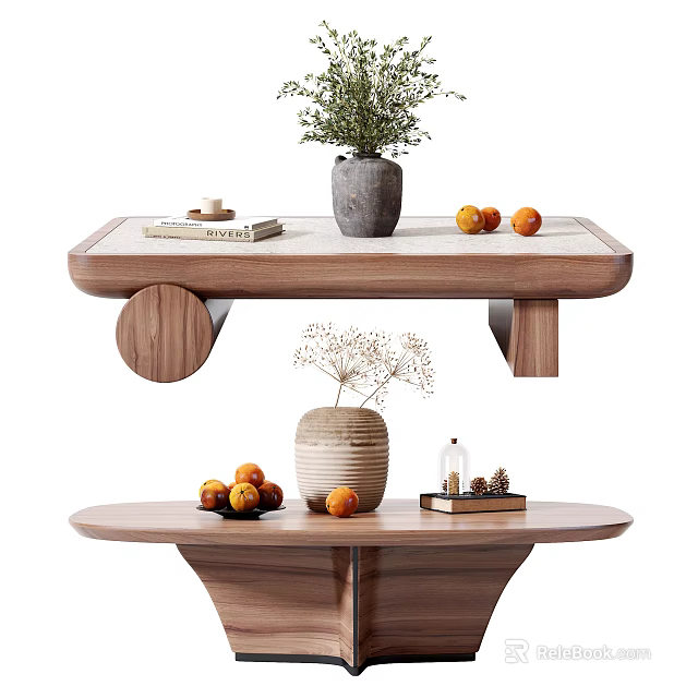 Modern Wooden Coffee Table Decorated With Vase Fresh Fruits And Books On Top 3d model 