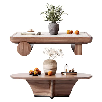 Modern Wooden Coffee Table Decorated With Vase Fresh Fruits And Books On Top 3d model