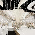 Luxurious Banquet Hall Interior With Crystal Chandeliers White Tables And Flower Arrangements