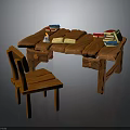Wooden Study Desk And Chair Set With Stacked Books And Table Lamp