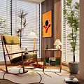 Cozy Rocking Chair With Wooden Frame Green Cushion Side Table Lamp And Plants Near Blinds