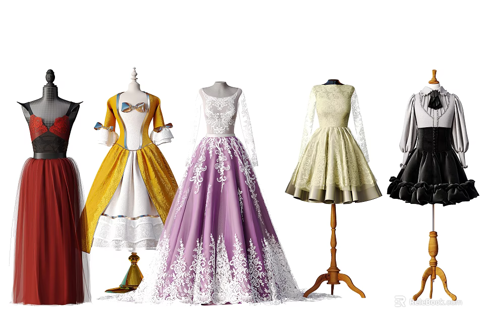 Various Stylish Dresses Displayed On Mannequins 3d model 