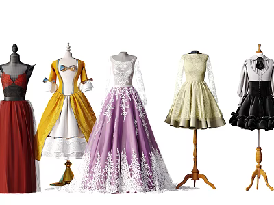 Various Stylish Dresses Displayed On Mannequins 3d model