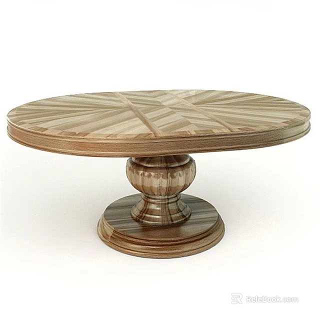 Round Wooden Dining Table With Patterned Tabletop And Carved Pedestal Base 3d model 