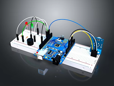 Electronic Circuit Components On Breadboard With LED Lights And Connecting Wires 3d model
