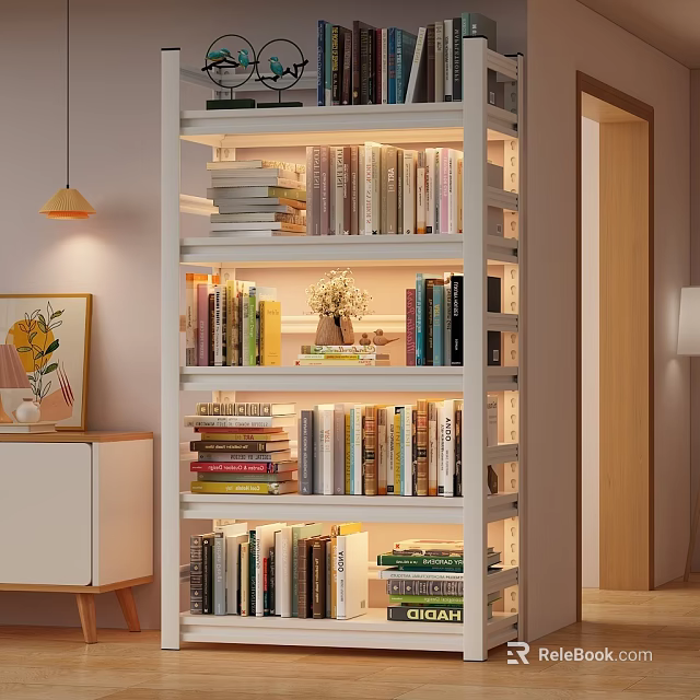 Stylish White Bookshelf With Layered Books Decorations And LED Lights In Home 3d model 