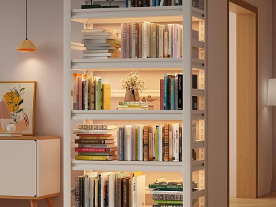 Stylish White Bookshelf With Layered Books Decorations And LED Lights In Home 3d model