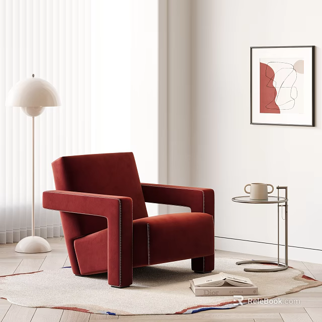 Red Velvet Armchair In Living Room With Floor Lamp Side Table And Wall Art 3d model 