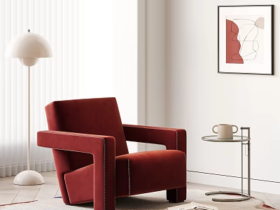 Red Velvet Armchair In Living Room With Floor Lamp Side Table And Wall Art 3d model