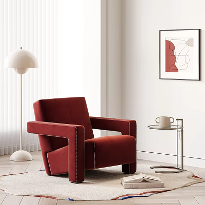 Red Velvet Armchair In Living Room With Floor Lamp Side Table And Wall Art 3d model