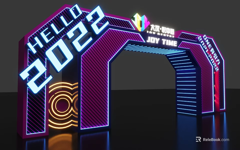 Colorful Neon Light Arch With HELLO 2022 Joy Time And Geometric Patterns 3d model