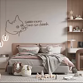Cozy Kids Bedroom With Cartoon Cat Wall Art Soft Pillows Stuffed Toys And Area Rug