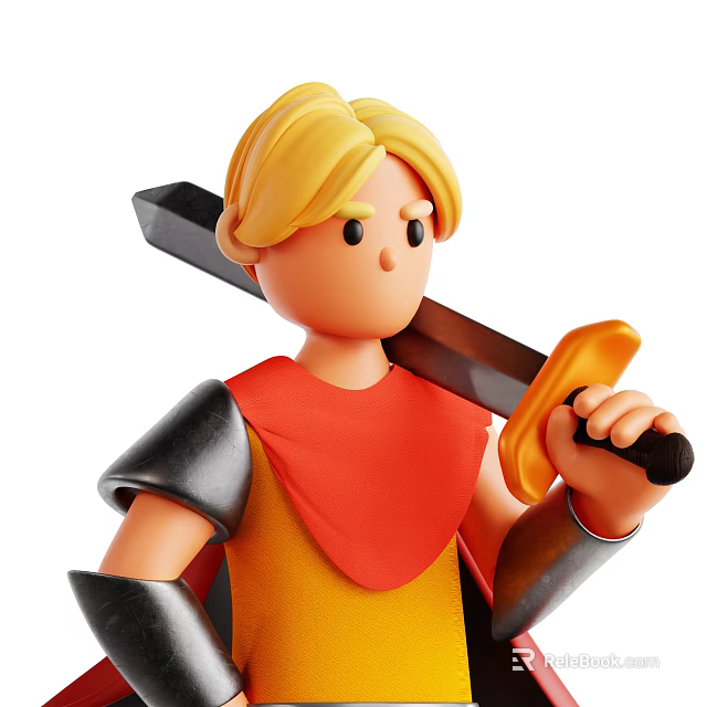 Toy Doll With Blonde Hair Yellow Outfit Red Cape Silver Armor Holding Sword Orange Handle 3d model 