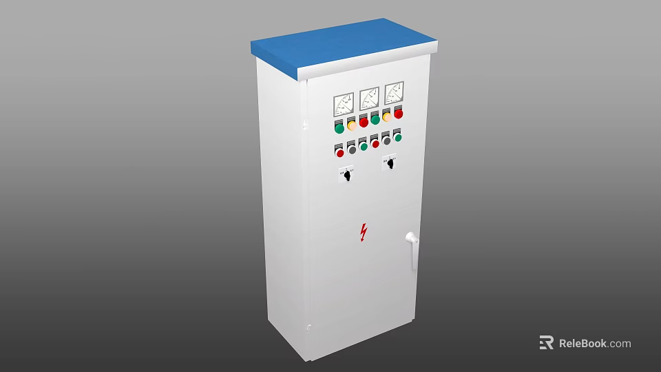 Industrial Electrical Control Cabinet With White Body Blue Top Meters And Control Buttons 3d model 