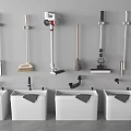 Wall Mounted Cleaning Tools With White Sinks And Mop Broom Vacuum Setup 3d model