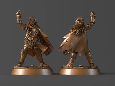 Handcrafted Bronze Warrior Sculpture Carving With Armor Cloak Raised Hand And Round Base 3d model