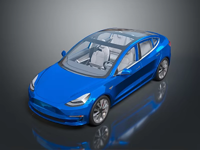 Blue Electric Sedan With Transparent Roof And Light Colored Seats Shiny Body 3d model