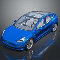 Blue Electric Sedan With Transparent Roof And Light Colored Seats Shiny Body