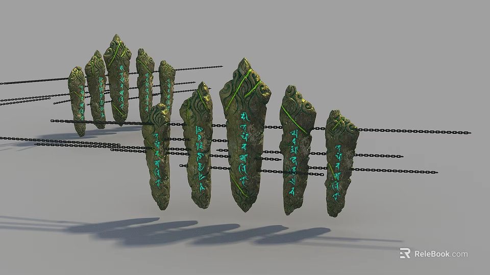 Natural Stone and Wood Decorative Pieces with Mossy Texture and Linked Chains 3d model 