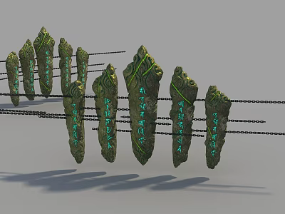 Natural Stone and Wood Decorative Pieces with Mossy Texture and Linked Chains 3d model