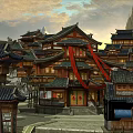 Ancient Chinese Commercial Street With Traditional Curved Roof Buildings And Red Decorations