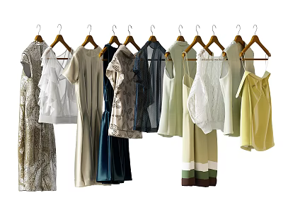 Fashionable Women's Clothes Hanging On Hangers With Various Styles And Pastel Colors 3d model