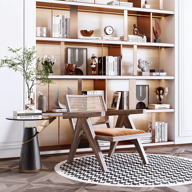 Leisure Chair With Woven Rattan Backrest Wooden Frame And Potted Plant Bookshelf In Modern Interior 3d model 
