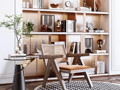 Leisure Chair With Woven Rattan Backrest Wooden Frame And Potted Plant Bookshelf In Modern Interior 3d model